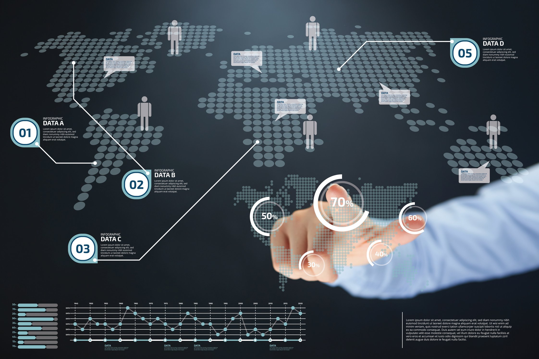 Hand pointing at business infographic elements